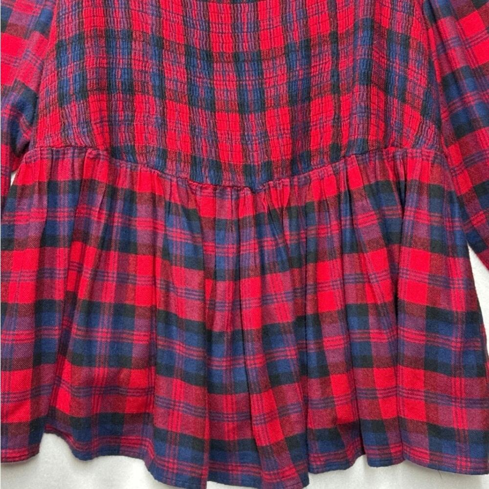 Torrid Red Smocked Babydoll Top Flannel Buffalo Plaid Sz 3 / 3X Puff Sleeve - Picture 4 of 12